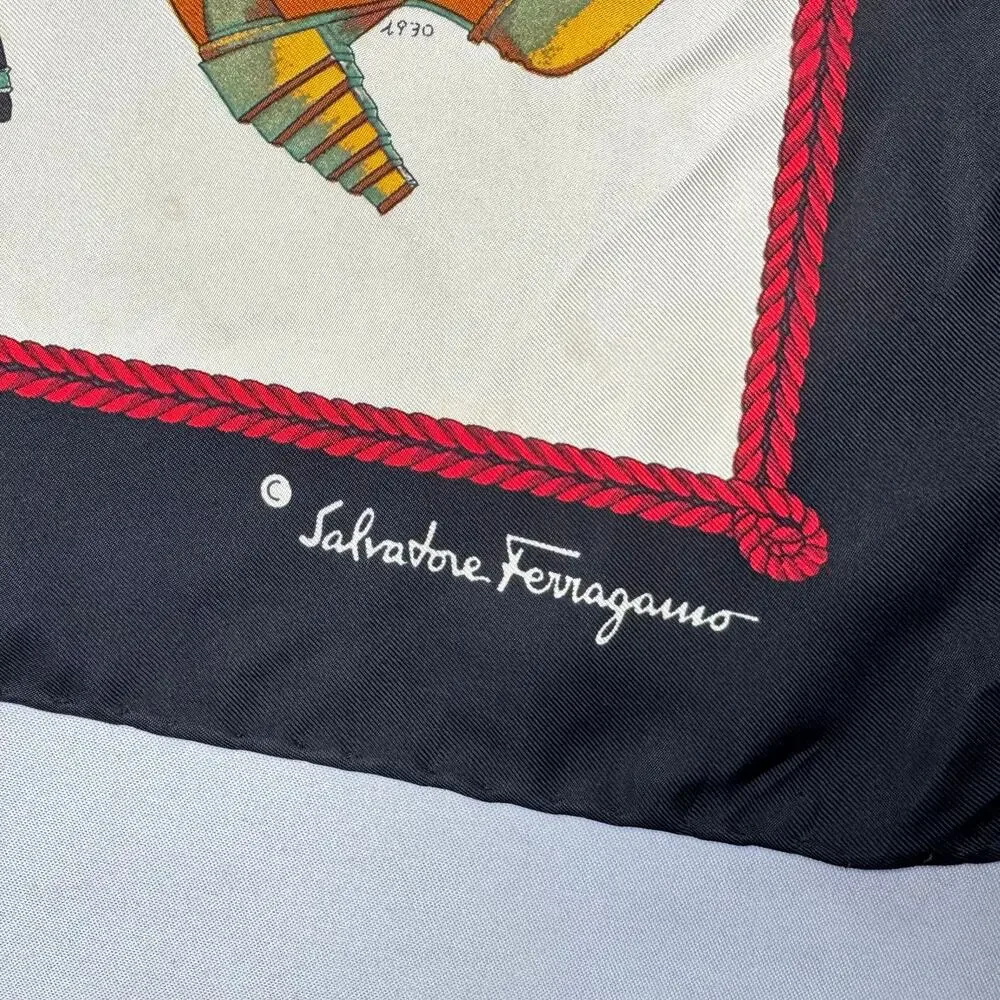 Salvatore Ferragamo Silk History of Shoes Heels Printed Scarf Italy Logo Luxury